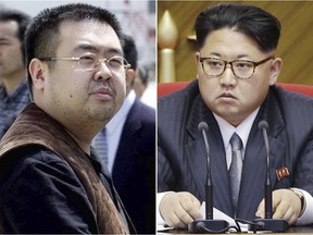 This combination of file photos shows Kim Jong Nam, left, the estranged half-brother of North Korean leader Kim Jong Un, in Narita, Japan, on May 4, 2001, and North Korean leader Kim Jong Un on May 9, 2016, in Pyongyang. Speculation that Kim Jong Nam was killed by two young female agents at the busy Kuala Lumpur airport last week left even the most seasoned toxicology sleuths shaking their heads. If a chemical agent really was to blame, finding it may be the hardest part of all.