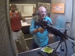 Frame grab from Kevin O'Leary's video taken on a shooting range in the U.S. O'Leary posted the video Feb. 2, 2017, the same day funerals were being held for the Quebec City mosque shooting. O'Leary later deleted the video. Posting the gun video showed a blatant lack of awareness and empathy with a nation in mourning, Celine Cooper writes.