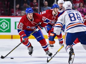 Canadiens Andrew Shaw in action against the Edmonton Oilers at the Bell Centre on Sunday, Feb. 5, 2017.