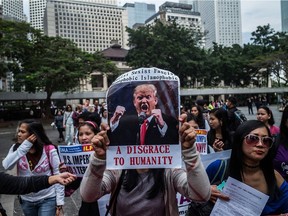 Protesters march to the US Consulate General on February 5, 2017 in Hong Kong. U.S.