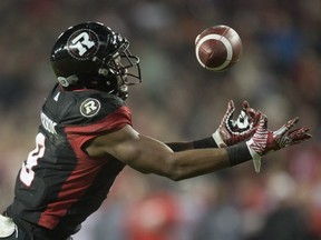 Ottawa Redblacks wide-receiver Ernest Jackson catches a touchdown pass during overtime CFL Grey Cup action Sunday, November 27, 2016 in Toronto.