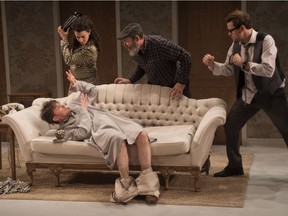 Jacob Tierney, returning to directing duties after his 2015 production of Tom Stoppard's Travesties, skillfully leads the cast of Noises Off at the Segal Centre. On the sofa, Marcel Jeannin. Standing, left to right: Chala Hunter, Daniel Lillford and Andrew Shaver.