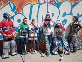 From left: Patrick Drolet, Louis-Philippe Dandenault, Émilie Bibeau, Maxime Mailloux, Louis-José Houde and Julianne Côté in Ça sent la coupe.