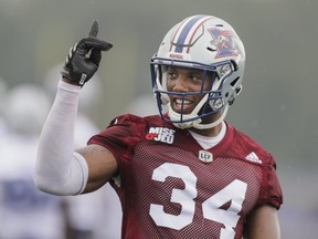 Linebacker Kyries Hebert takes part in the Montreal Alouettes training camp at Bishop's University in Lennoxville on Sunday, May 29, 2016.