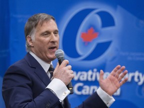 Candidate Maxime Bernier addresses a Conservative Party leadership debate February 13, 2017 in Montreal.