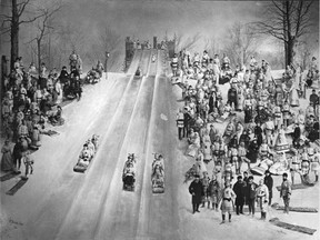 Members of the Club de la Tuque Bleue tobogganing on the slopes of Mount Royal, 1885.