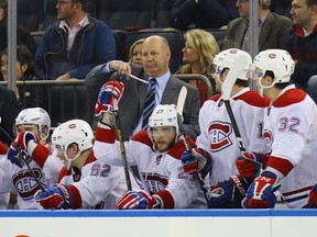 Canadiens head coach Claude Julien is fully engaged in the action during third period against the New York Rangers at Madison Square Garden on February 21, 2017 in New York City.