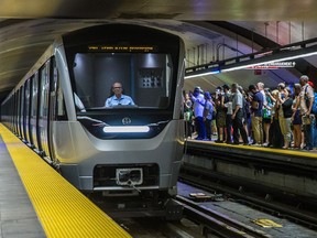 MONTREAL, QUE.: AUGUST 25, 2015 -- The new Azur metro cars arrive at the Henri-Bourassa metro station during a press event to show the train's interior design in Montreal on Tuesday, August 25, 2015. (Dario Ayala / Montreal Gazette)