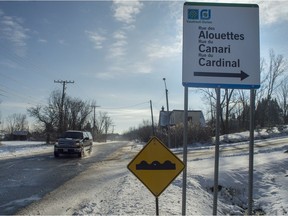 A truck travels down Harwood Road in Vaudreuil-Dorion, on Dec. 6, 2016.