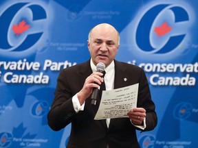 Kevin O'Leary, seen here in February during a Conservative Party leadership debate in Pointe Claire, has withdrawn from the leadership campaign.