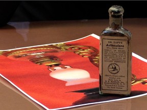 Belladonna elixir and a photo of a Vapo-Cresolene lamp: before inhalers, various methods were used to try to relieve asthma symptoms.