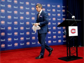 Montreal Canadiens general manager Marc Bergevin leaves the room after speaking to the media in Montreal on Wednesday February 15, 2017. Bergevin spoke about the firing of head coach Michel Therrien and hiring of Claude Julien.