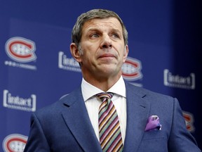Montreal Canadiens general manager Marc Bergevin gets a little emotional after being asked about the personal side of having fired Michel Therrien as he speaks to the media in Montreal on Wednesday February 15, 2017. Bergevin spoke about the firing of head coach Therrien and hiring of Claude Julien.
