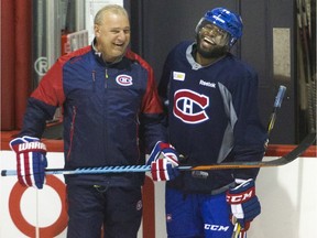 Montreal Canadiens head coach Michel Therrien and defenceman P.K. Subban share a a laugh at the Bell Sports Complex in Brossard near Montreal Tuesday, February 23, 2016 prior to the team heading out to Washington to play the Capitals.