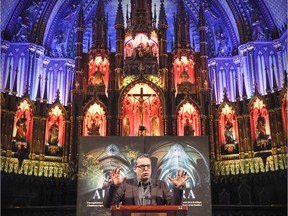 Eric Fournier, Partner and Executive Producer for Moment Factory speaks during press conference to announce Aura, a multi-media event created by Moment Factory for Notre Dame Basilica as part of Montreal's 375th anniversary celebrations, in Montreal Tuesday February 28, 2017.