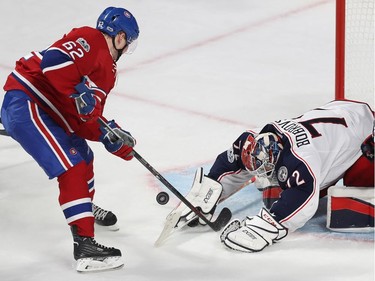 Montreal Canadiens' Artturi Lehkonen (62) shoots puck on Columbus Blue Jackets goalie Sergei Bobrovsky during second period NHL action in Montreal on Tuesday Feb. 28, 2017.