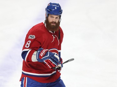 Montreal Canadiens defenceman Jordie Benn (8) during warmup, prior to game against the Columbus Blue Jackets in Montreal on Tuesday Feb. 28, 2017.