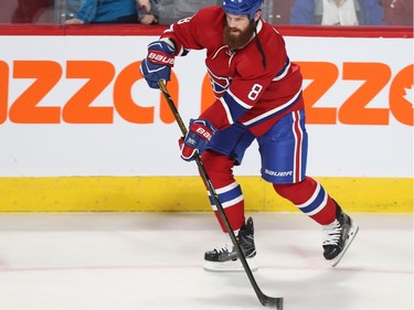 Montreal Canadiens defenceman Jordie Benn (8) during warmup, prior to game against the Columbus Blue Jackets in Montreal on Tuesday Feb. 28, 2017.