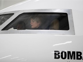 Federal minister Mélanie Joly visits the cockpit of a Global 7000 jet at Bombardier in Montreal on Tuesday February 7, 2017.