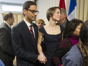 Laurier-Dorion MNA Gerry Sklavounos, left, is led by his wife Janneke from a press conference in Montreal, Thursday February 9, 2017, making a declaration as part of his bid to return to the provincial Liberal caucus after being cleared of sexual assault allegations.