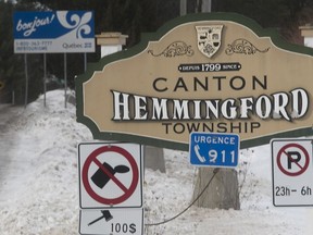 Sign greeting visitors on Highway 219 at the Canada - U.S. border in Hemmingford, Quebec on Thursday February 9, 2017.
