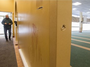 Bullet holes, and blood stains from victims inside the Centre Culturel Islamique de Québec Feb. 1, 2017. The mosque was reopened for the first time since a mass shooting at the centre, Jan. 29, in which six Mulsim men were killed.