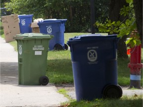 Pointe-Claire was the first West Island city to collect household organic/green waste with its green rolling bins. Blue bins are for recyclables like paper and plastic.