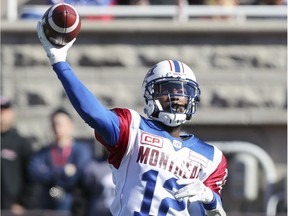 Montreal Alouettes quarterback Rakeem Cato throws a pass during Canadian Football League game against the Edmonton Eskimos at Molson Stadium in Montreal Monday October 10, 2016.