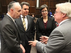 Quebec Health Minister Gaétan Barrette, right, with CIUSS West-Central head Lawrence Rosenberg, and CIUSS West Island head Benoit Morin and Martine Alfonso Interim President of the MUHC, on Wednesday October 19, 2016. The minister met with the CIUSSS health officials who presented their visions for a merger of west-end health-care services on Montreal Island.