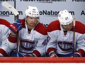 Montreal Canadiens right wing Sven Andrighetto, left, and centre Alex Galchenyuk on bench awaiting their the next shift against the Colorado Avalanche during the third period on Tuesday, Feb. 7, 2017, in Denver. The Avalanche won 4-0.