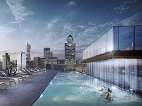 The rooftop terrace and pool at Phase 4 of Lowney sur Ville in Griffintown, looking toward downtown Montreal.  (Artist's rendering courtesy of Lemay+CHA)