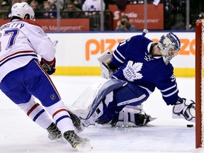 Toronto Maple Leafs goalie Frederik Andersen defends under pressure from Montreal Canadiens' Max Pacioretty (67) during first period NHL action, in Toronto on Saturday, February 25, 2017.