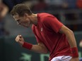 Canada's Vasek Pospisil celebrates a point against Great Britain's Kyle Edmund during first round Davis Cup tennis action in Ottawa on Friday, Feb. 3, 2017.