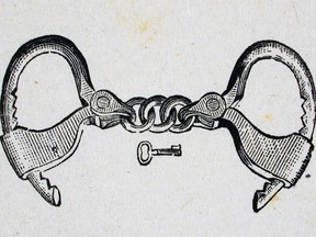 19th century catalogue illustration of handcuffs and its key.