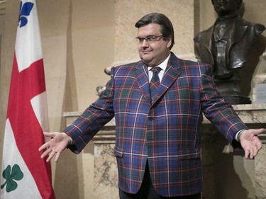Eat your heart out, Don Cherry: Mayor Denis Coderre shows off his new jacket at Montreal city hall on Monday, March 27, 2017.