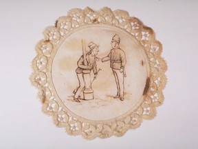 A doily depicting a policeman dealing with a drunken man holding a lamp post, about 1870.