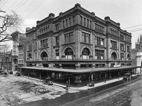 The Henry Morgan & Co. department store on Ste. Catherine St. W., in 1917, five years before the store expanded north along Union St. To make way for the expansion the adjoining building (housing Bell's Galleries) was moved up the street and the Havelock Building next door to that building was torn down. Morgan's grew to become a Quebec-Ontario department store chain and was eventually sold to the Hudson's Bay Company in 1960.