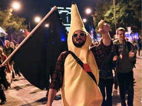 A man dressed as a banana takes part in a protest against tuition hikes in Quebec City on May 28, 2012.