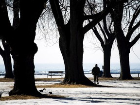 A man walks through the wet soggy park along Lake Ontario as he takes in the spring-like temperatures in Toronto on Tuesday, March 11, 2014. There are things Montreal can learn from parks practices in other cities, including Toronto, Louise Legault writes.