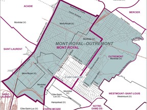A map by the Commission de la représentation électorale du Québec shows the new riding of Mont-Royal–Outremont, shaded blue, replacing the former ridings of Mont-Royal and Outremont, seen with purple borders.