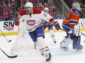 Canadiens' Alex Galchenyuk (27) celebrates a goal against Edmonton Oilers goalie Cam Talbot during third period NHL action in Edmonton on Sunday, March 12, 2017.