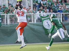 B.C. Lions tackle Jovan Olafioye catches a touchdown pass against the Saskatchewan Roughriders during second half CFL action in Regina on Saturday, July 16th, 2016.