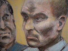 Bertrand Charest is seen on a court drawing during a bail hearing, Monday, March 16, 2015 in Saint-Jérôme, Que.