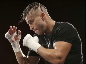 Boxer David Lemieux works out in front of the media in New York on Tuesday, Oct. 13, 2015.