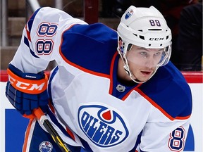 Brandon Davidson #88 of the Edmonton Oilers in action during the NHL game against the Arizona Coyotes at Gila River Arena on Nov. 12, 2015 in Glendale, Arizona.