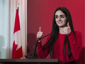 Emmanuella Lambropoulos reacts after winning the Liberal party nomination for the riding of Saint-Laurent in Montreal, Wednesday, March 8, 2017.