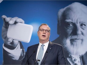 George Cope, president and CEO of BCE Inc., addresses the company's annual meeting Thursday, April 28, 2016, in Montreal.