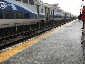 The AMT platform in Lachine was covered in ice Tuesday morning as commuters made their way into downtown Montreal.