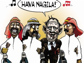 In this cartoon published in the Montreal Gazette on March 18, 2000. Terry Mosher (a.k.a. Aislin), imagines gregarious Canadian Prime Minister Jean Chrétien leading leading a group of bewildered Arabs in a chorus of "Hava Nagila" while on a trip to the Middle East.