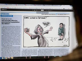 Jean-Marc Phaneuf's depiction of Premier Philippe Couillard stoning former Liberal MNA Fatima Houda-Pepin appeared in the Courrier du Sud weekly newspaper.